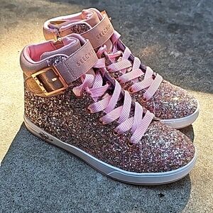 Skechers Shoutouts Sparkle Style Sneakers Pink Rose Gold Girls Youth Size 4
